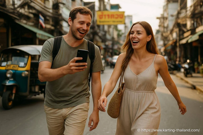 Couple souriant marchant dans rue asiatique