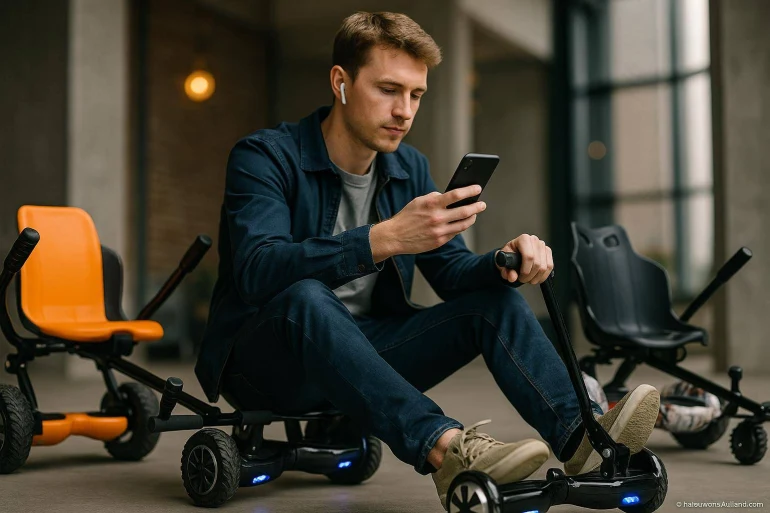 Jeune homme assis sur hoverboard kart