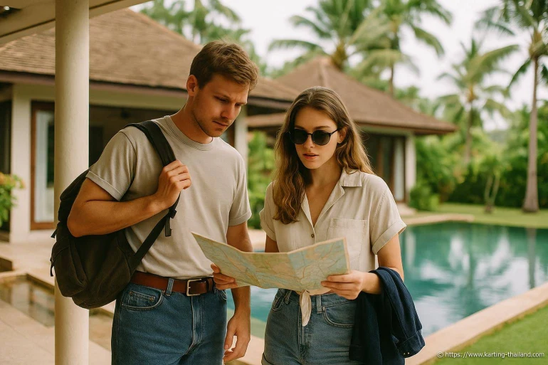 Couple consulte carte près piscine tropicale