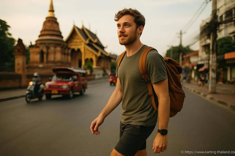 Touriste homme avec sac à dos en ville asiatique