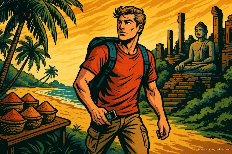 Aventurier explorant un site ancien tropical