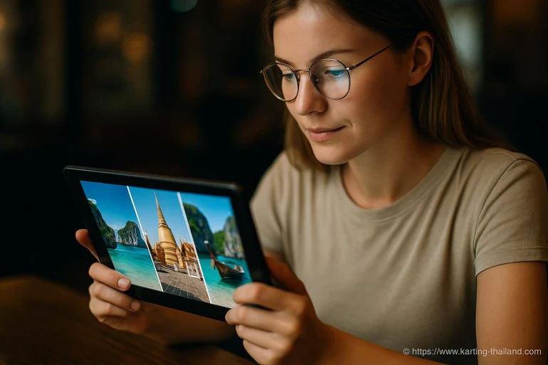 Femme regardant photos de voyage sur tablette