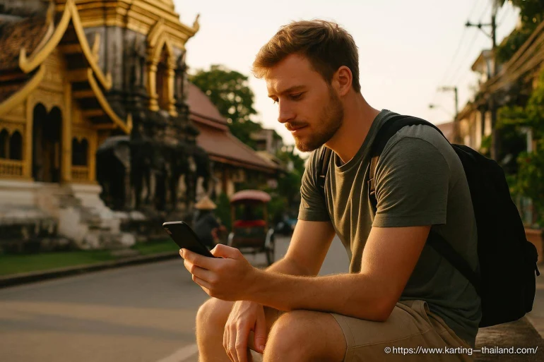 Jeune homme avec smartphone devant temple asiatique