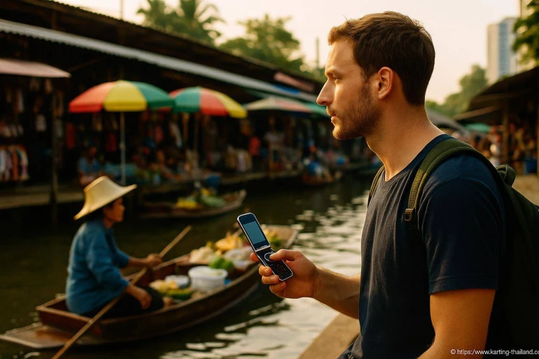Touriste avec téléphone au marché flottant