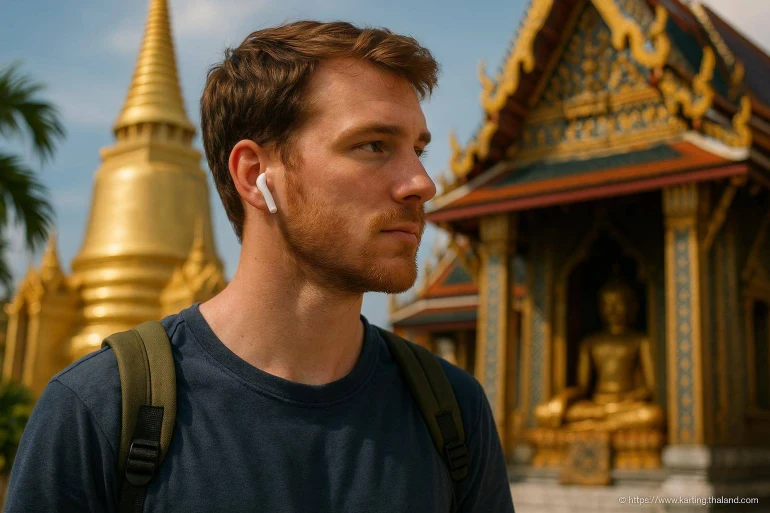 Jeune homme avec écouteurs devant temple doré