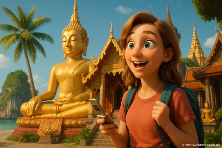 Jeune touriste devant statue de Bouddha dorée