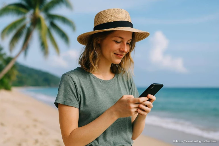 Femme souriante avec smartphone sur plage