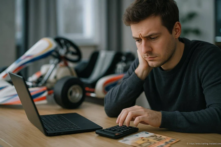 Jeune homme calculant ses finances avec karting