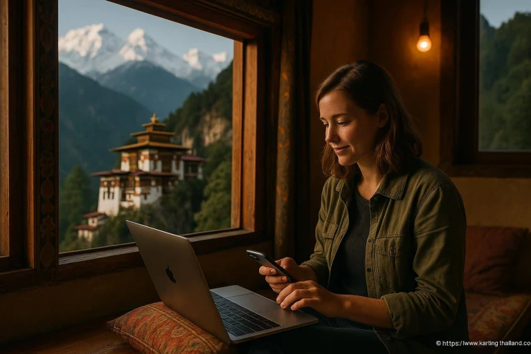 Femme travaille ordinateur vue montagne temple