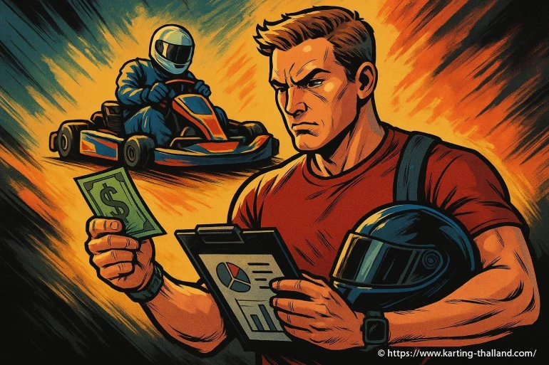 Homme avec casque et karting en arrière-plan