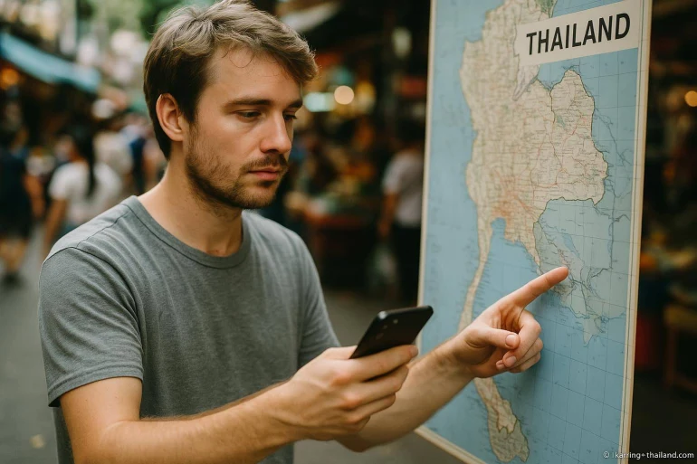 Homme consultant une carte de Thaïlande