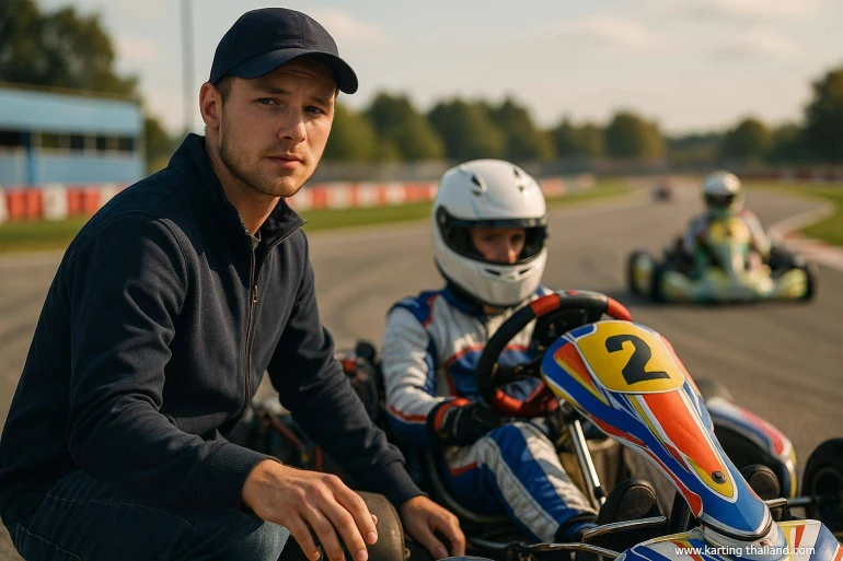 Jeune pilote karting avec coach sur piste