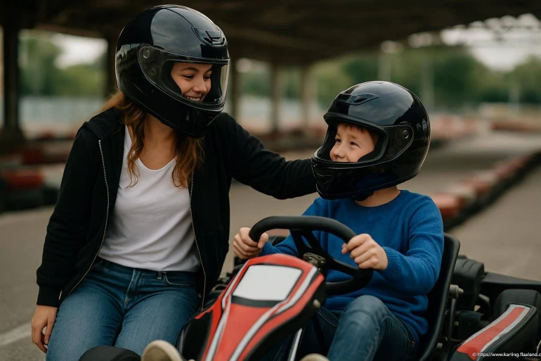 Enfant et adulte en karting avec casques