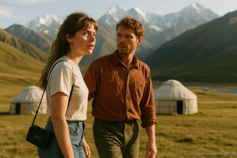 Couple dans paysage de montagne avec yourtes