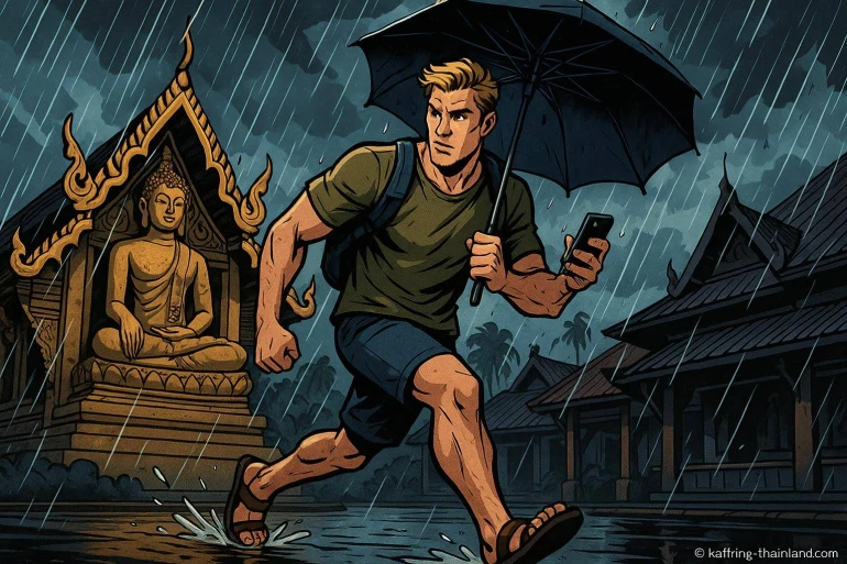 Homme courant sous la pluie avec parapluie