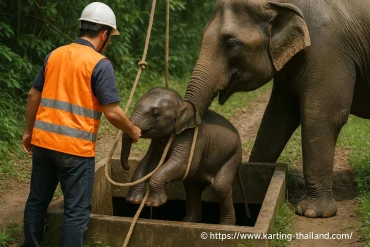 En thaïlande, le sauvetage spectaculaire d'un éléphanteau et de sa mère dans le parc de khao yai