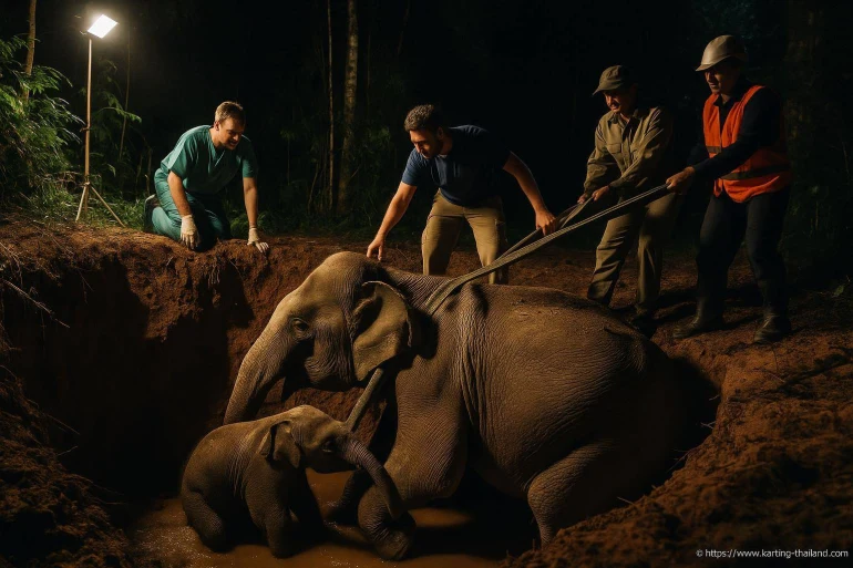 Sauvetage nocturne déléphants coincés