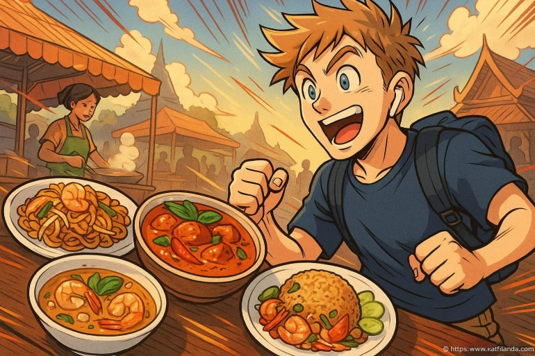 Jeune homme enthousiaste devant plats thaïlandais