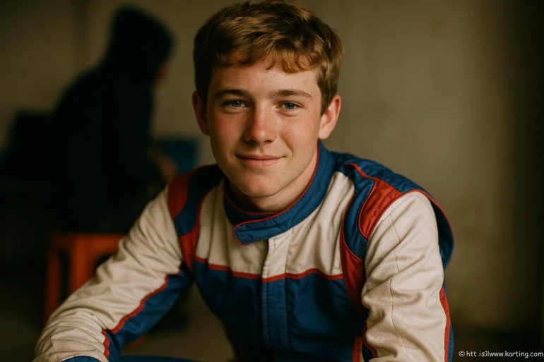 Jeune pilote karting souriant en combinaison