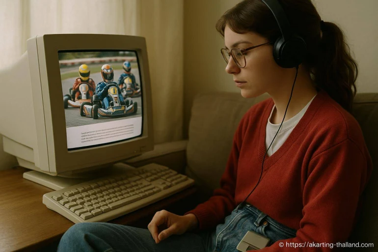 Femme avec casque écouteur devant ordinateur vintage