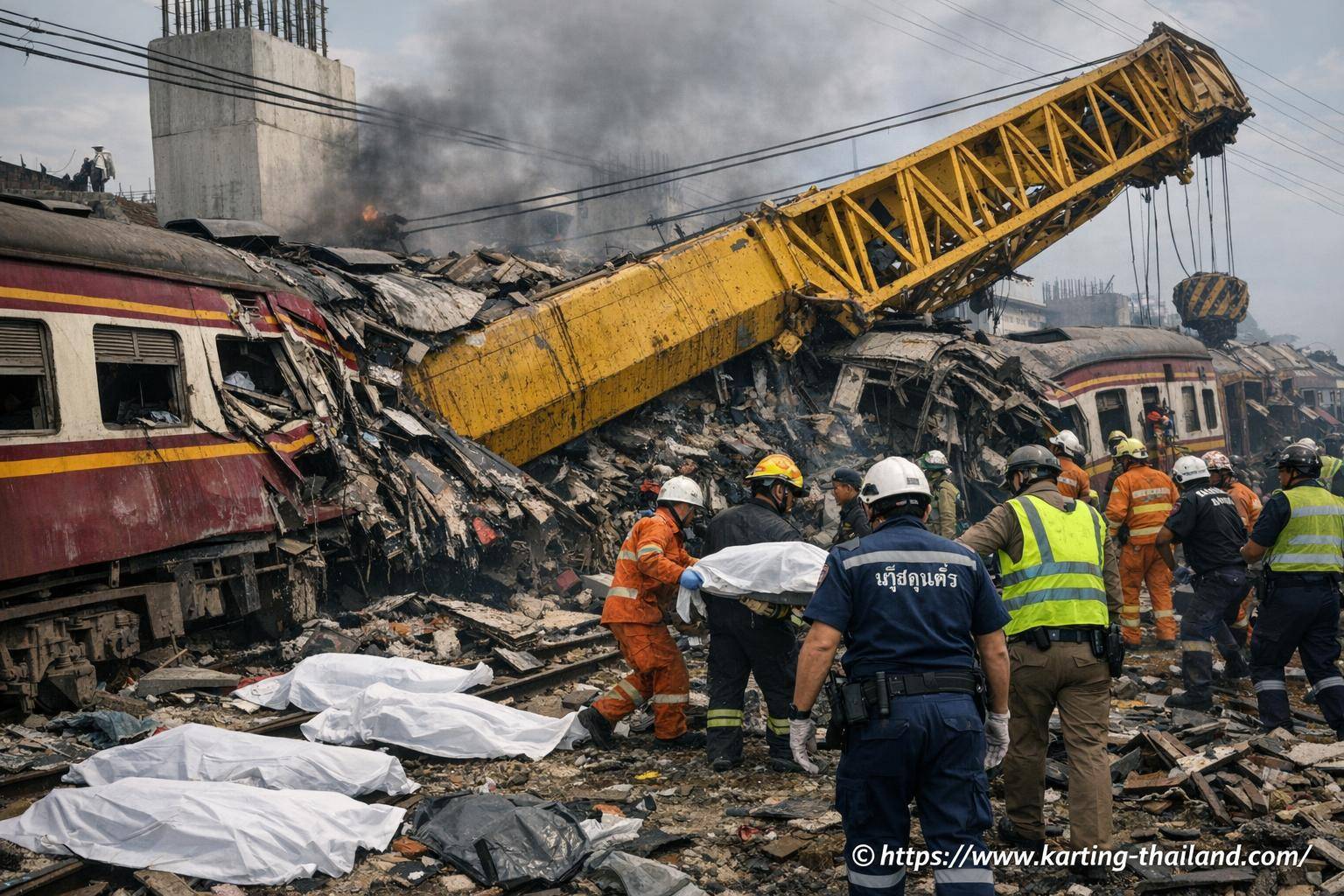 En thaïlande, une grue tombe sur un train et fait au moins 32 morts