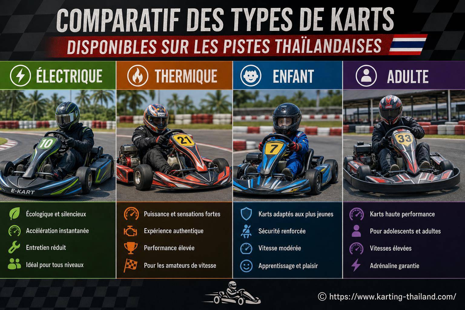 Comparatif des types de karts disponibles sur les pistes thaïlandaises : électrique, thermique, enfant, adulte